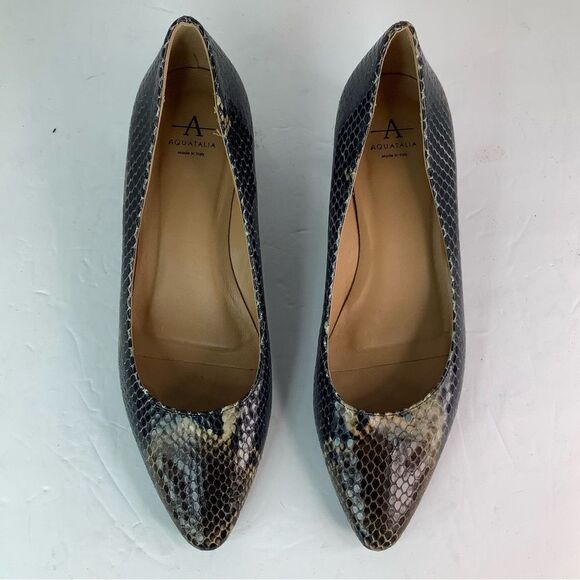 Aquatalia Pasha Pump Pointy Toe Block Heel Snake Print Leather Shoes Sz  9